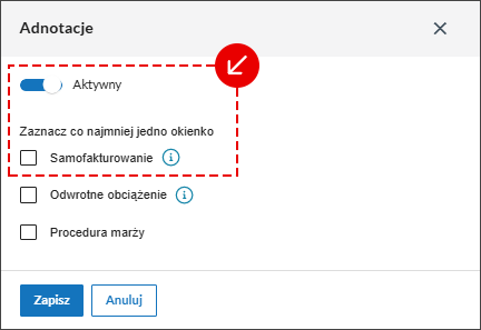 Wyb&oacute;r opcji w oknie Adnotacje