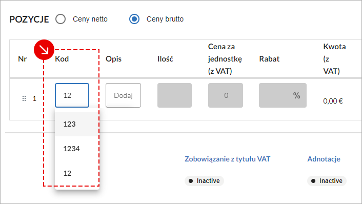 Ekran wstawiania produktów do faktury