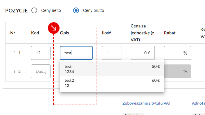 Ekran wstawiania produktów do faktury