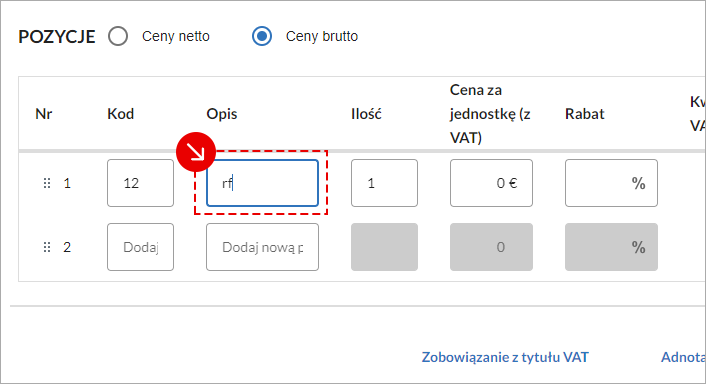 Ekran wstawiania produktów do faktury