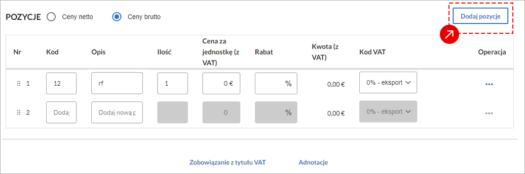 Ekran wstawiania produktów do faktury