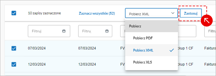 Ekran z menu wyboru formatu do pobrania