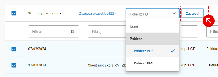 Ekran z menu wyboru formatu do pobrania