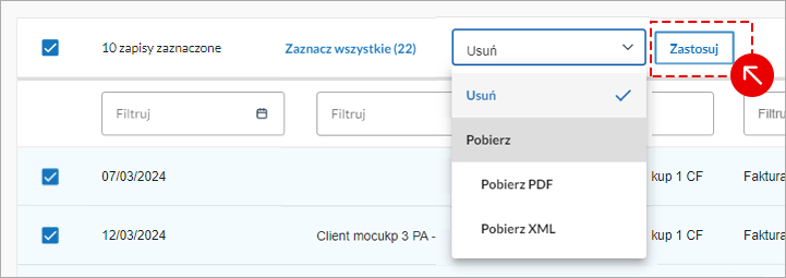 Wybór opcji usuwania