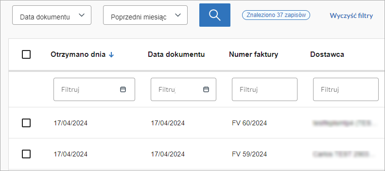 Ekran filtrowania faktur po dacie dokumentu