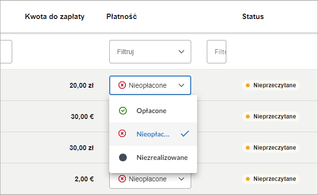 Ekran z tabelą otrzymanych faktur