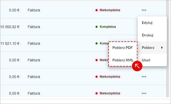 Ekran z tabelą kopii roboczych