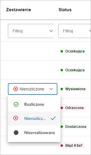 Ekran z tabelą wystawionych faktur