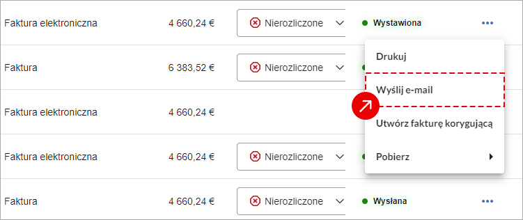 Ekran z tabelą wystawionych faktur